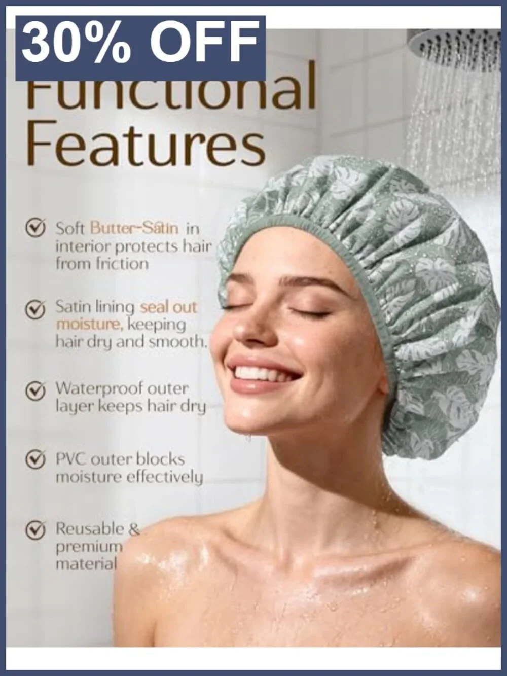 Reusable Waterproof Satin Lined Shower Cap with Elastic Edge